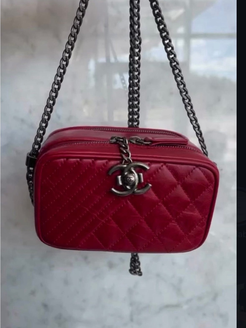 CHANEL Red Quilted Crossbody Camera Bag with Chain Strap